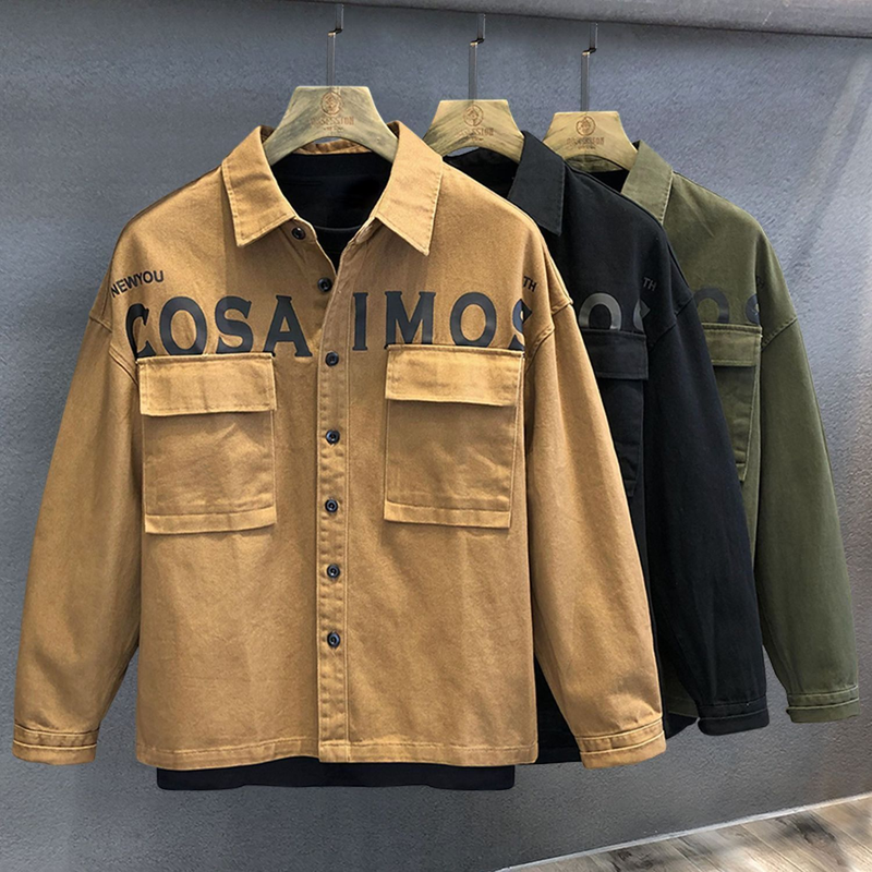Vintage tung märke cargo skjorta herr vår och höst lös skjorta Amerikanska mäns fritidskläder_voghion.com
