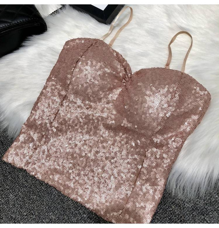 Abbigliamento da donna Cintura sexy Reggiseno imbottito Capispalla Bretelle Paillettes Intimo Corto Top da night club_voghion.com