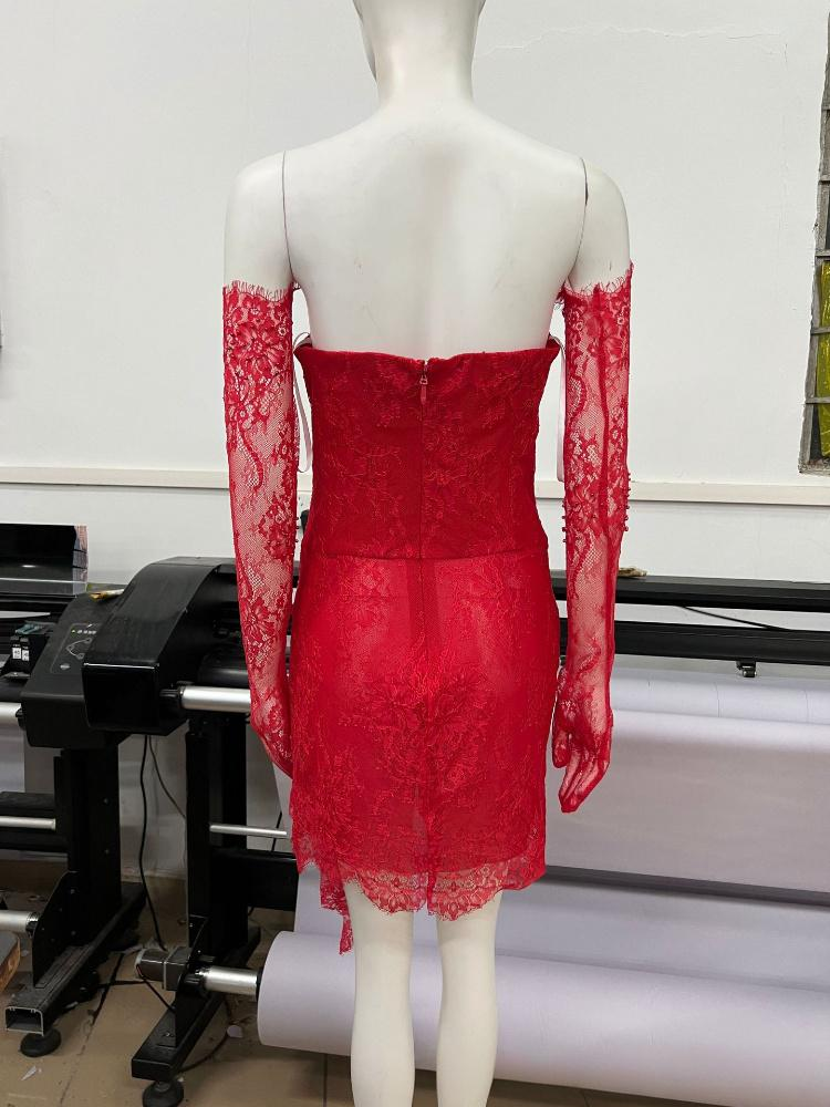 Elegante completo di guanti in pizzo nero e rosso con corsetto per abito da sera da donna - Sexy abito da sera corto senza maniche per serate fuori, club, appuntamenti_voghion.com
