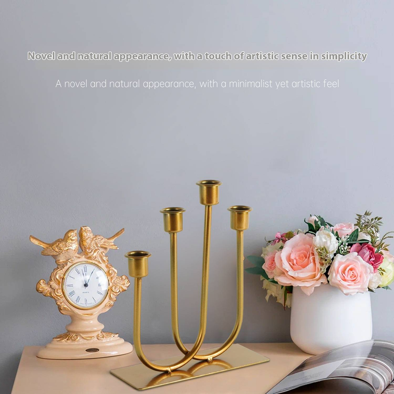 Bougeoir en métal à 4 branches en forme de U, finition cuivre/or vintage, élégant centre de table pour mariage et décoration intérieure._voghion.com