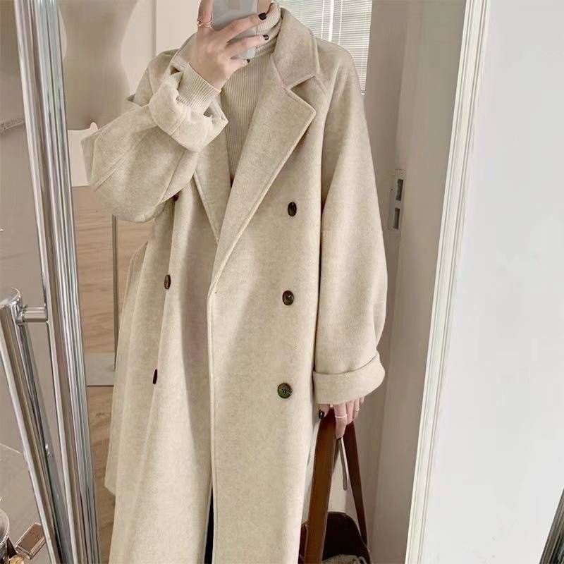 Langer Wollmantel für Damen, Winter-Trenchcoat in Übergröße mit zweireihigen Knöpfen, für kleine bis große Größen (Beige, Schwarz, Grau, Rot, Braun)_voghion.com