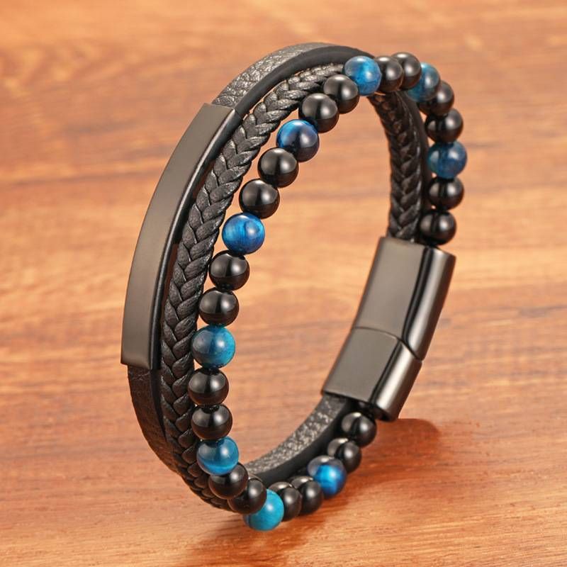 Men's Braided Multi-Layer Black Genuine Leather Bracelet With Natural Tiger Eye Stone, Magnetic Closure, Handcrafted Chain Link Cuff_voghion.com