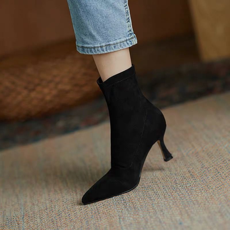 Fashion Women High Heels 2023 Autumn Winter New Pointed Toe Stiletto Slim Suede Stretch Sock Boots_voghion.com