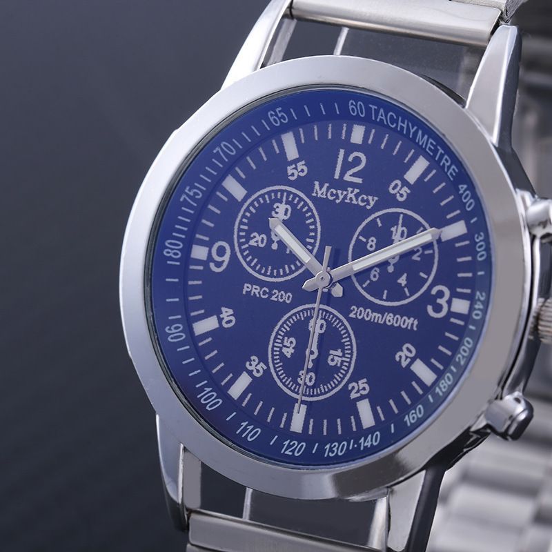 Bunte blaue Lichtglas drei Augen Stahlband Quarz Geschenk Herrenuhr_voghion.com