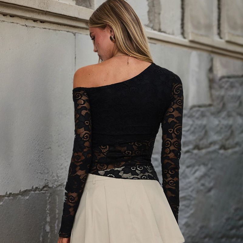 Women's Oblique Shoulder Lace Long Sleeved T Shirt Female Early Spring New Temperament Solid Color Perspective Black Bottoming Shirt Top_voghion.com