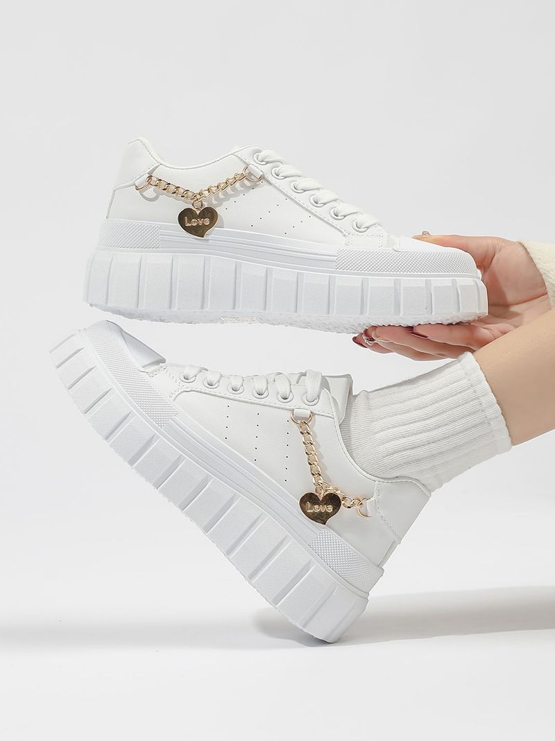 Chaussures pour femmes, nouvelles chaussures pour femmes de grande taille, semelle épaisse, chaussures de sport décontractées, chaussures plates blanches avec chaîne en métal pour femmes_voghion.com