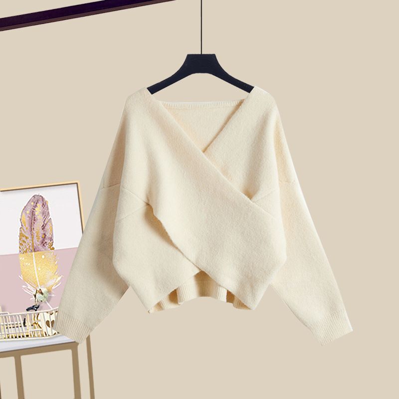 Ensemble élégant 2 pièces : pull en maille croisée et robe ajustée | Tenue d'automne pour femme | Polyvalent et stylé | Disponible en plusieurs couleurs et tailles_voghion.com