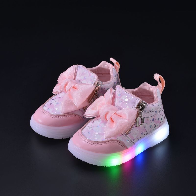 Spring Autumn New Girl Princess LED Lighting Small And Medium Sized Girls' Leisure Bow Sports Soft Soled Shoes_voghion.com