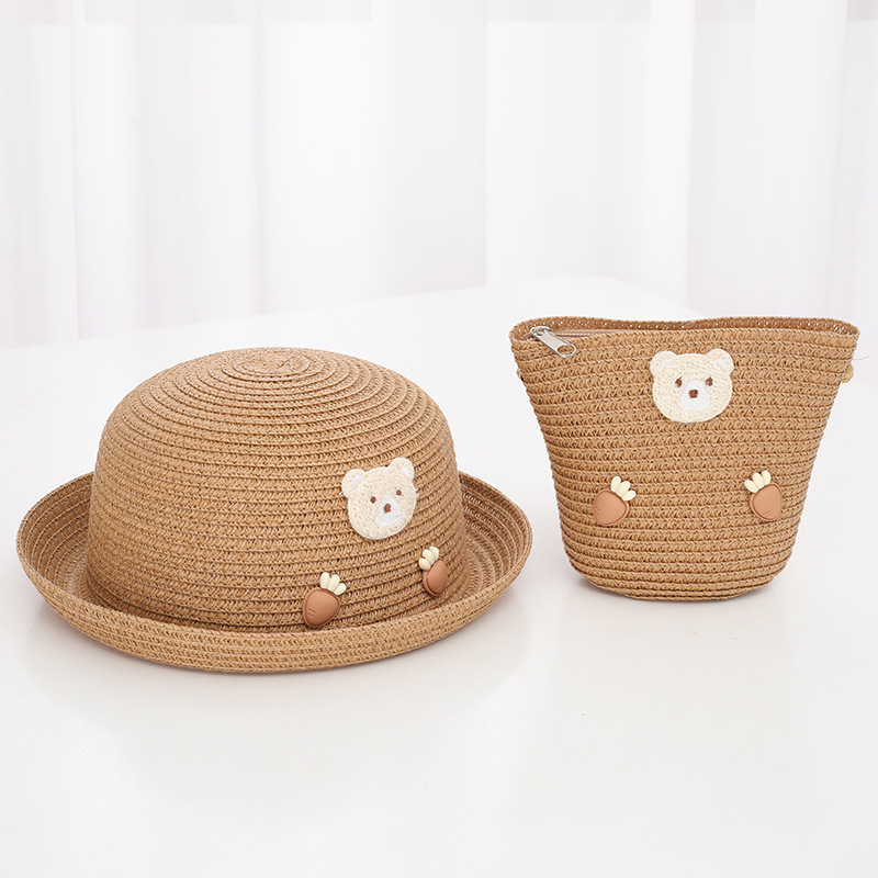 Little Fresh Gewelltes Stroh-Set für Kinder, Sommer, Mädchen, Reise, Cartoon-Muster, Strand, Sonnenschirm, Hut, Tasche_voghion.com