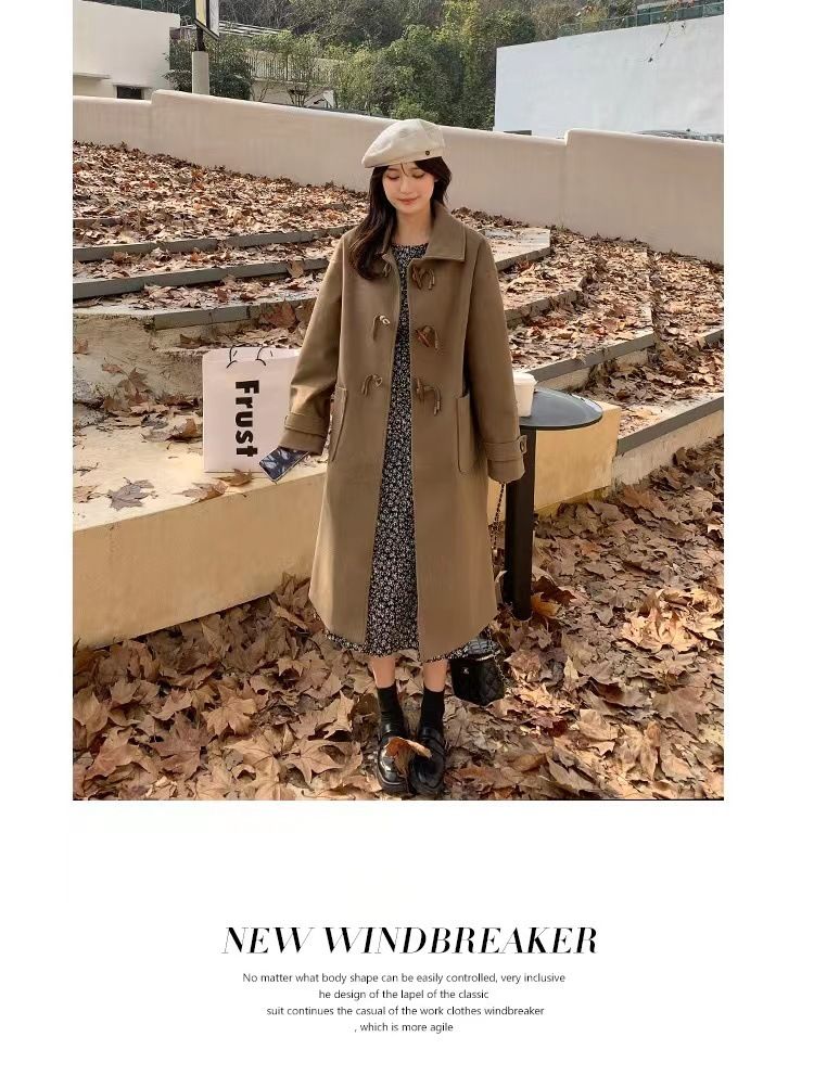 Women's woolen coat with horn buckle, autumn and winter 2023 New woolen coat, small mid-length Hepburn trendy_voghion.com