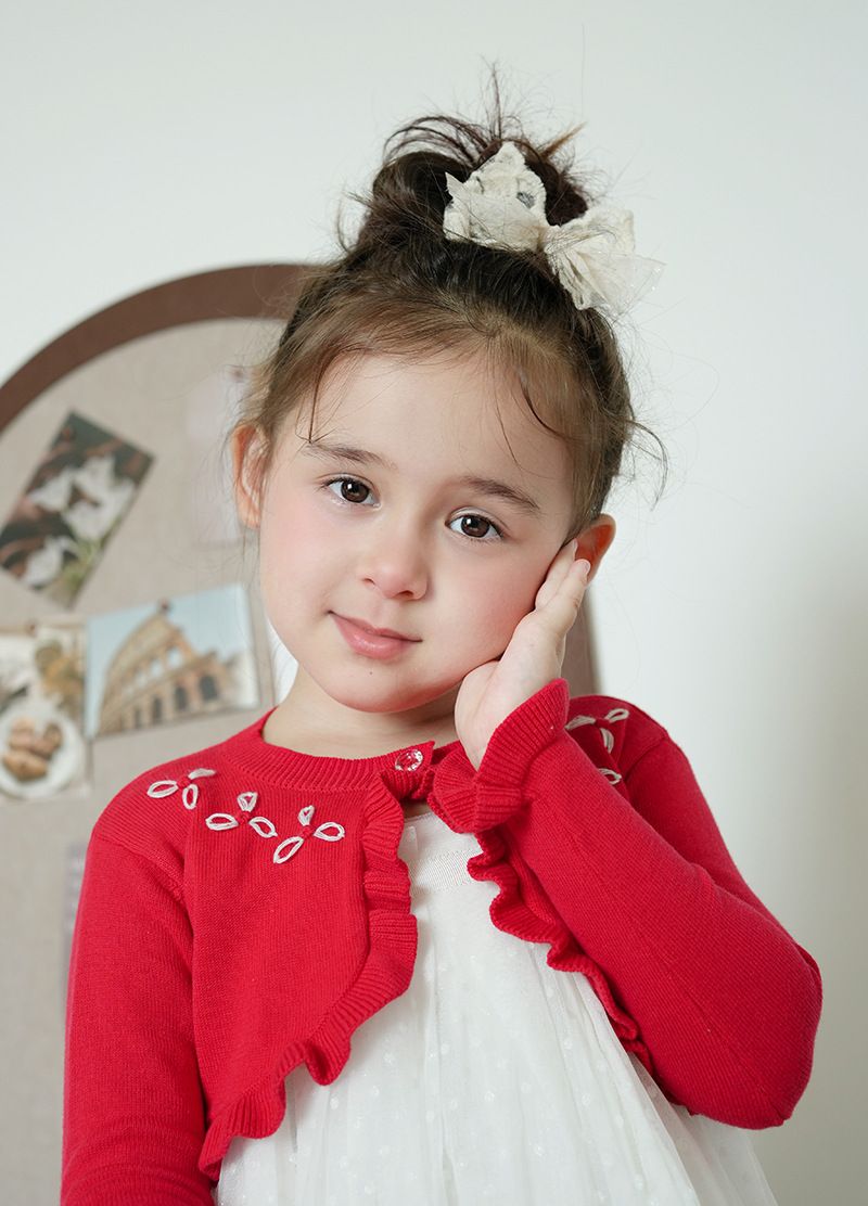Handgehäkelte Strickjacke mit Blumenmuster für Babys und Kinder, weicher Strickpullover mit Rundhalsausschnitt, eleganter Prinzessinnen-Stil, Rot/Grau/Apricot – 90 cm bis 140 cm_voghion.com