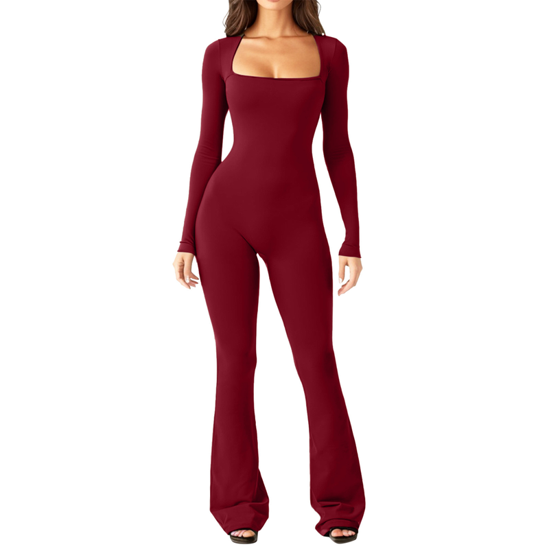 Women's long-sleeved tummy-controlling waist-raising hip-raising square-neck wide-leg high-elastic jumpsuit_voghion.com