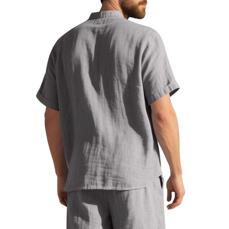 Camisa de lino de manga corta para hombre, nueva, de color liso, con cuello alto y bolsillo, holgada, informal_voghion.com