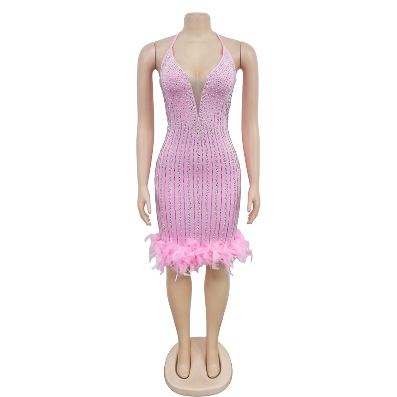 Women's solid color rhinestone mesh feather suspender skirt dress_voghion.com
