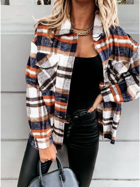 Damenbekleidung Langarm Karierte Jacke Hemdjacke_voghion.com