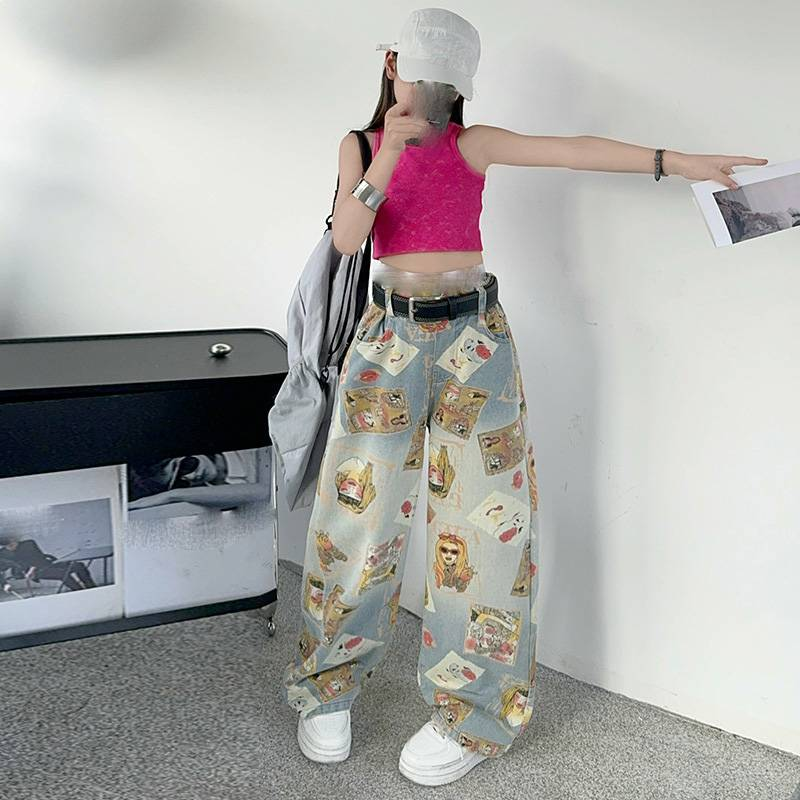 Dětské oblečení, letní džíny, stylové potištěné kalhoty se širokými nohavicemi, módní ležérní střední a velké rovné dlouhé kalhoty_voghion.com