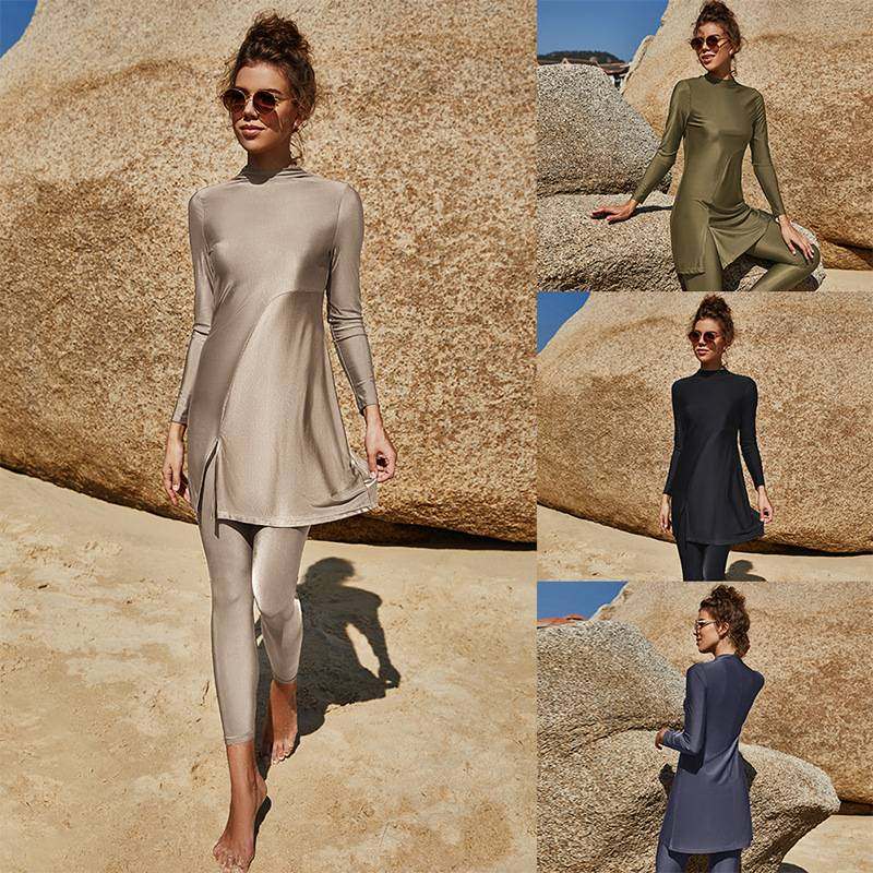 Women's Clothing Conservative Three Piece Swimsuit Large Size Long Sleeved Trousers Hat Full Cover Sunscreen Three Piece Swimsuit_voghion.com