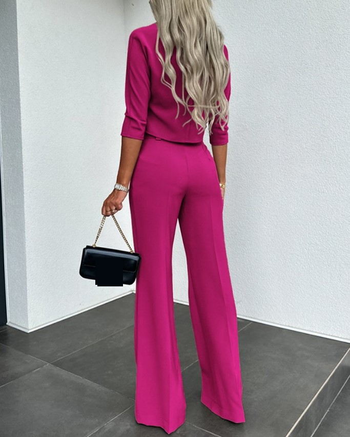 Women's Casual Two-Piece Outfit Long Sleeve Top & Pants Set Comfortable Office Wear Polyester Blend Solid Color_voghion.com