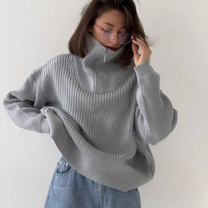 "Strickpullover mit Reißverschluss vorne und Stehkragen in Übergröße – Langarmpullover aus dehnbarem Polyester-Mix, knitterfrei und warm,_voghion.com