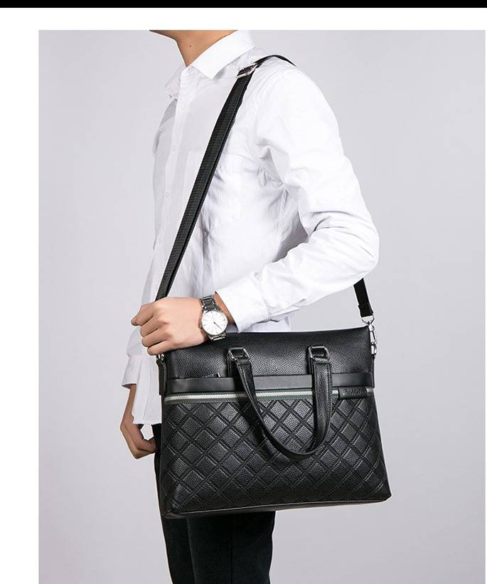 Premium PU Leather Crossbody Laptop Bag For Men - Stylish Business Briefcase With Diamond Quilted Pattern, Waterproof & Lightweight Design_voghion.com