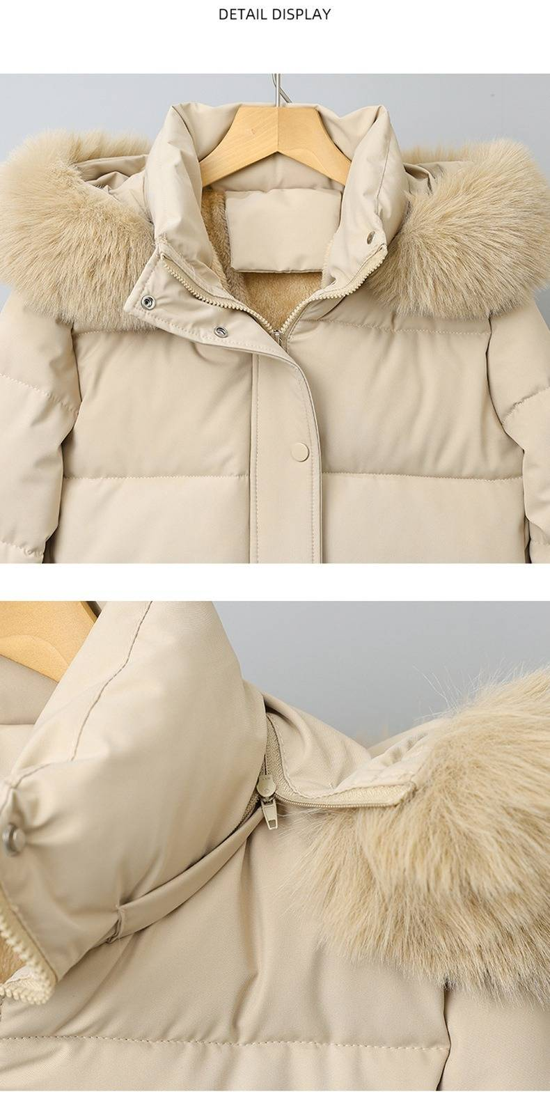 Gewatteerde winterjas met imitatiebontafwerking – korte gewatteerde jas voor dames (zwart/bruin/blauwgrijs/kaki/wit, M-XXXL)_voghion.com