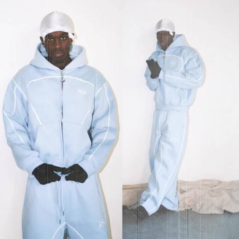 "Y2K Printed Windbreaker Set – Streetwear Zip-Up Hoodie & Joggers With Bold Typography (Black/Navy/Light Blue)"_voghion.com