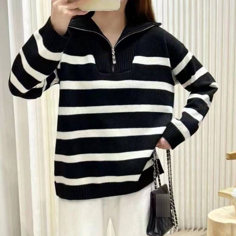 Damenbekleidung im koreanischen Winterstil, übergroßer Kragen, Farbblock-Pullover, Strickpullover mit halbem Reißverschluss_voghion.com
