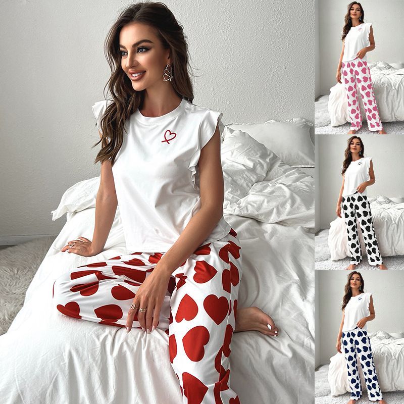 Pigiama da donna, modello Love, maglietta a maniche corte, pantaloni, completo casual, comodo completo da casa_voghion.com