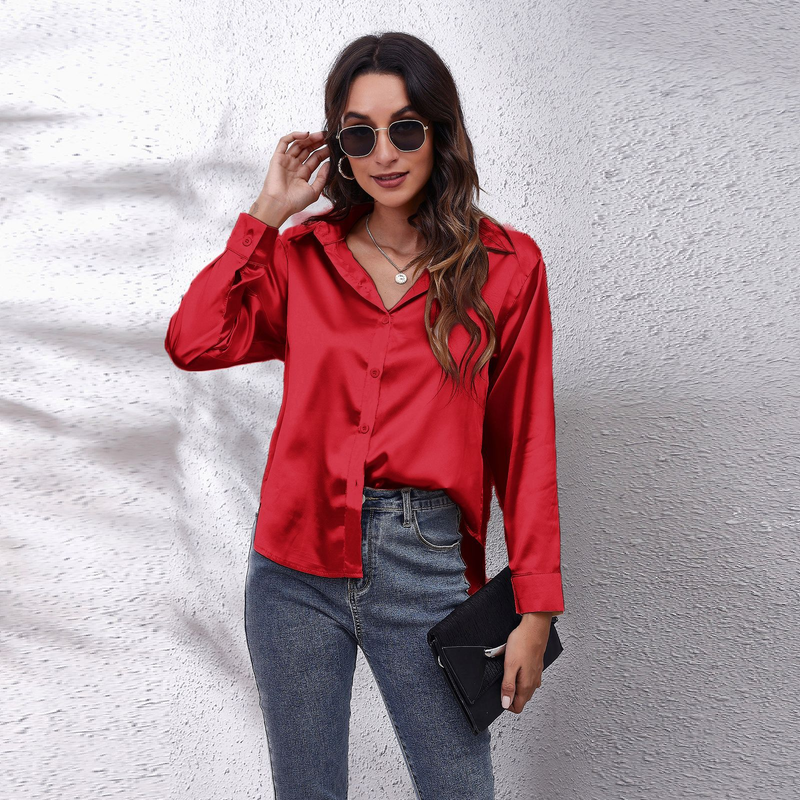 Women's clothing color D shirt satin silk imitation long sleeve shirt_voghion.com