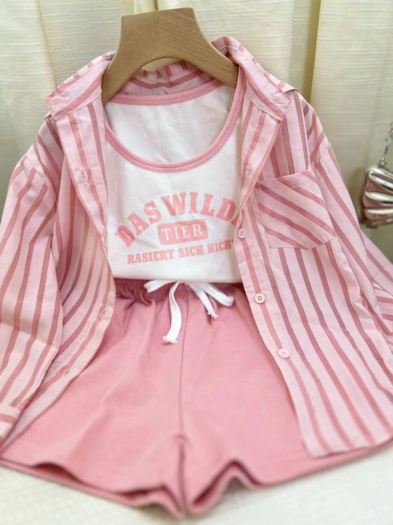Kid's Clothing 2024 early autumn new girls' casual striped sunscreen shirt stylish vest shorts three piece set_voghion.com