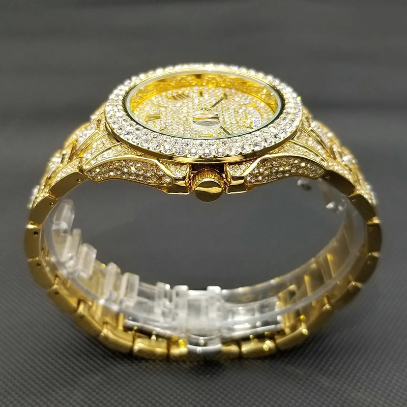 Shiny Diamond Watch For Men Hip Hop Trendy Iced Out Quartz Watches High Quality Stainless Steel Waterproof Day Date_voghion.com