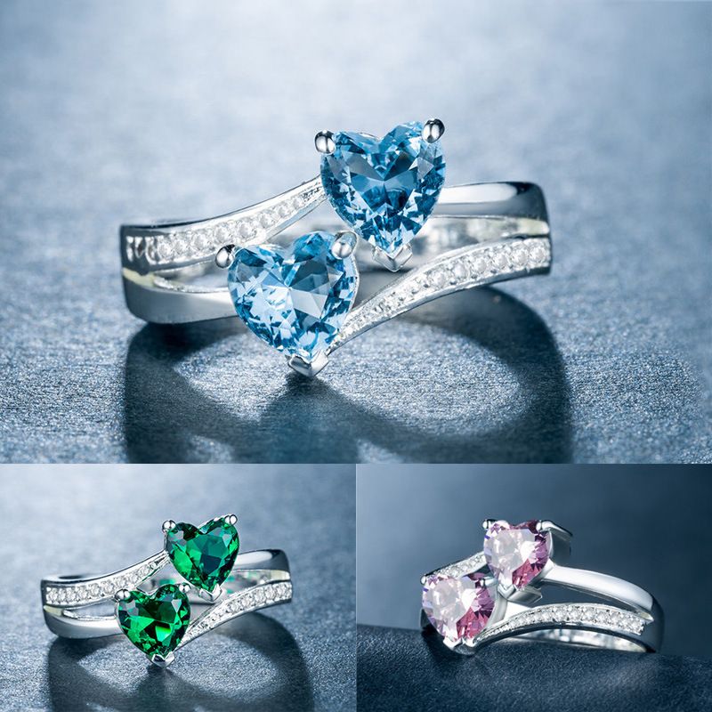 Ring Damen-Zirkonring, doppeltes Herz, platinierter Kupferring, Kopfbedeckung_voghion.com