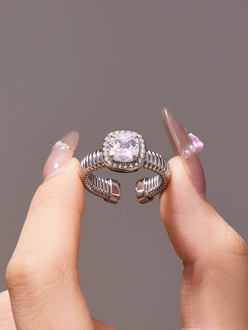 Square Sugar Stainless Steel 5A Zircon Open Ring, Fashionable And High End, Light Luxury, Versatile Finger Ring_voghion.com