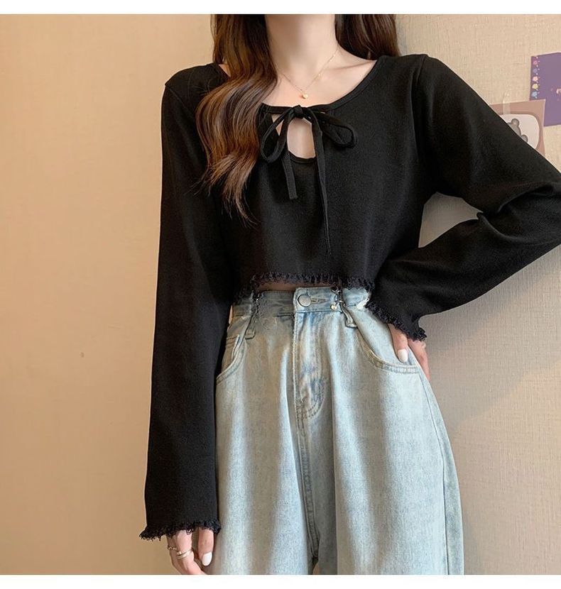Elegant and lace V-neck long sleeved t-shirt for women, 2024 autumn new collection with strap design, niche slim fit top_voghion.com