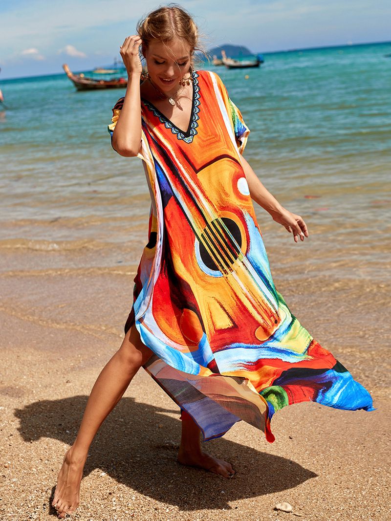 Strandkleid aus 100 % Baumwolle für Damen – Sonnenshirt mit Boho-Print, locker sitzende Bademode, Langarm-Tunika für den Urlaub am Pool_voghion.com