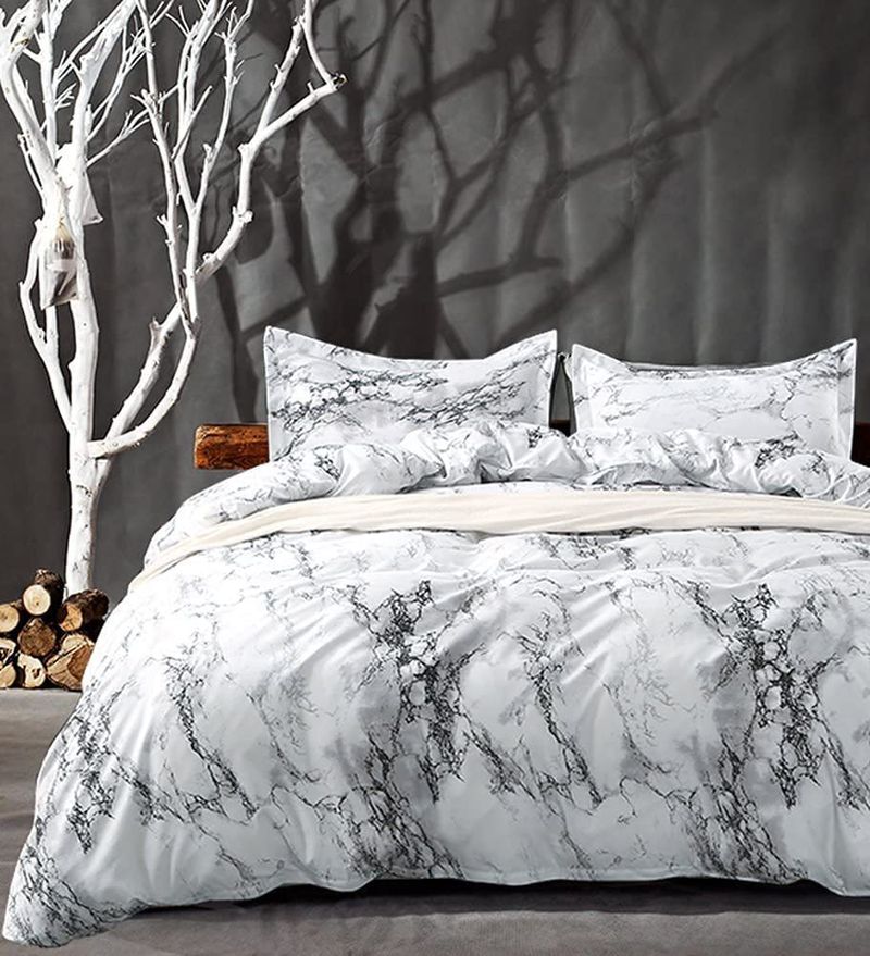 Ademende dekbedovertreksets in queensize, all-season dekbedset met donsalternatief, driedelige witte marmeren dekbedset_voghion.com