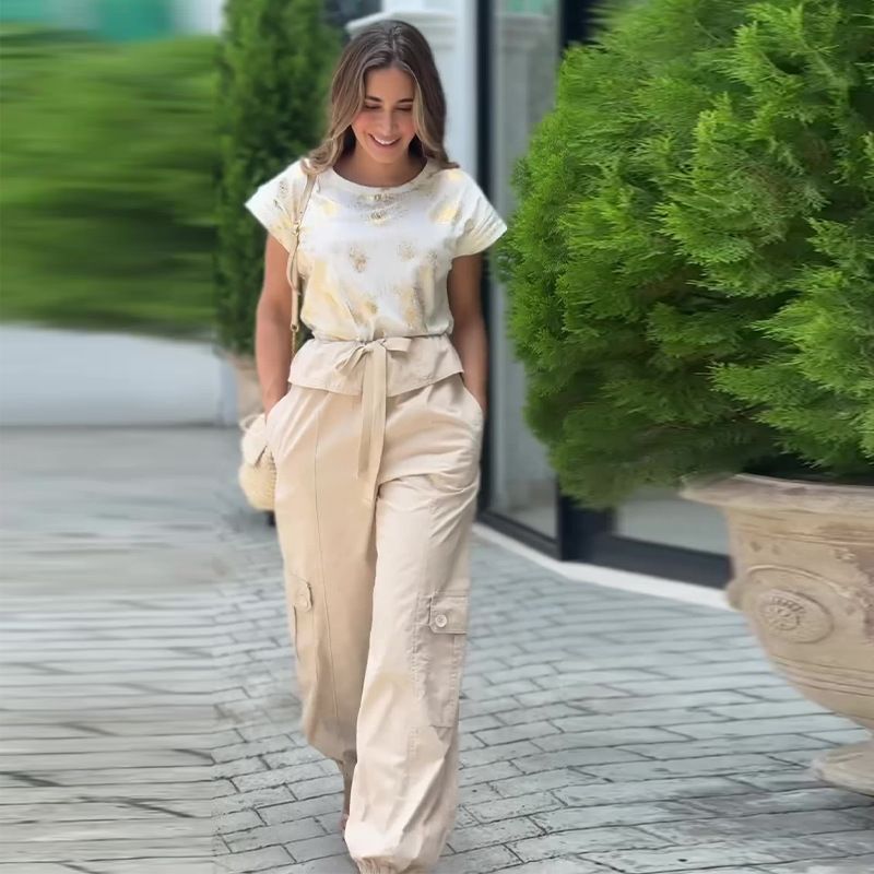 Ensemble 2 pièces pour femmes, chemise à manches courtes et pantalon à jambes larges, vêtements de sport amples, à la mode, été_voghion.com