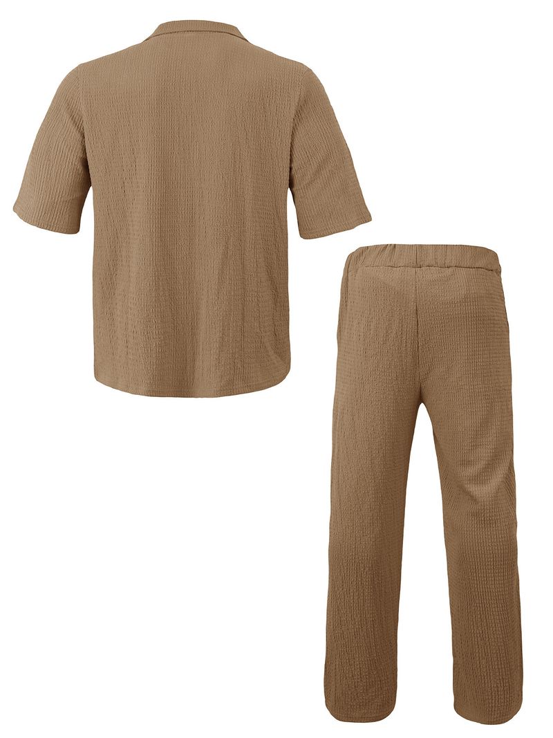 Summer Sports Suit Solid Color Lapel Collar Short-sleeved Trousers Men's Casual Two-piece Set_voghion.com