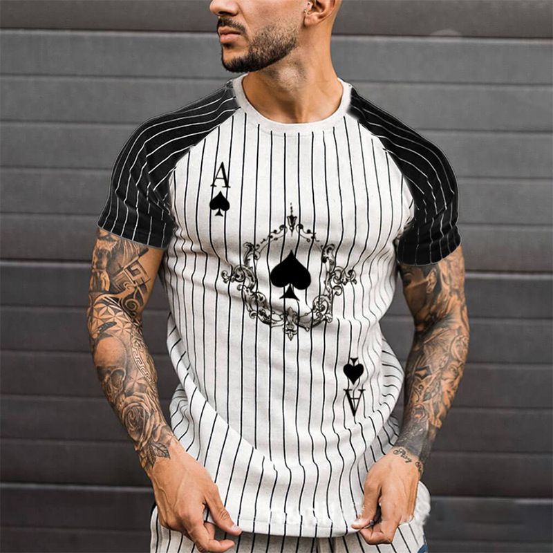 Maglietta leggera da uomo a maniche corte con scollo rotondo casual, a righe e stampa 3D, con asso di picche, estate 2024_voghion.com