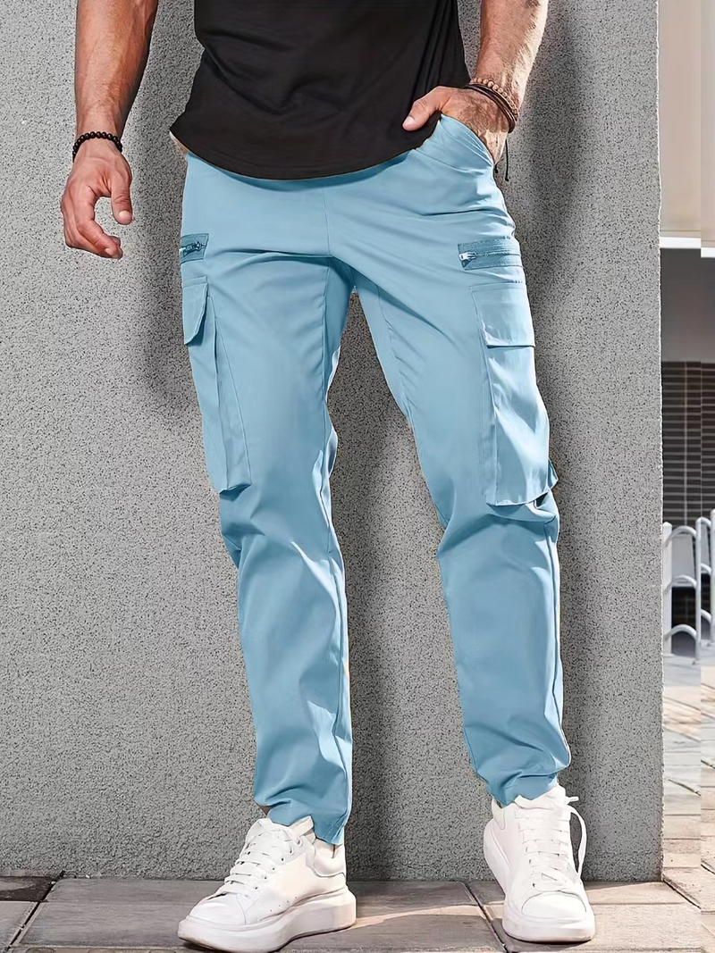 Ropa de hombre, pantalones cargo decorados con cremallera deportiva informal, pantalones con cordón en la cintura para hombres_voghion.com
