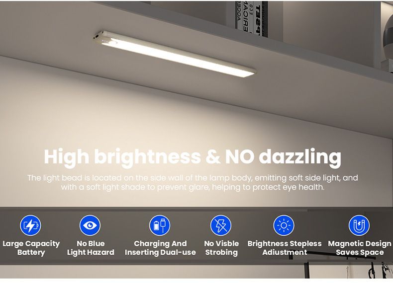 Smart Motion Sensor LED Strip Light - Rechargeable Wireless Cabinet Lighting, 20cm/40cm Dimmable Night Light PC Cover (Warm White/Matte Black)_voghion.com