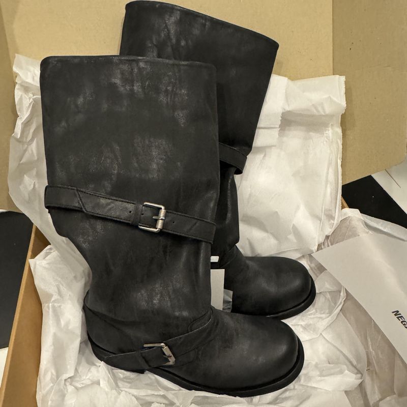 Rindsleder-Version ~ Koreanischer Stil, breite Schuhe aus echtem Leder, Sohle, hoher Flor, dicker Absatz, lange Röhren-Ritterstiefel für Damen_voghion.com