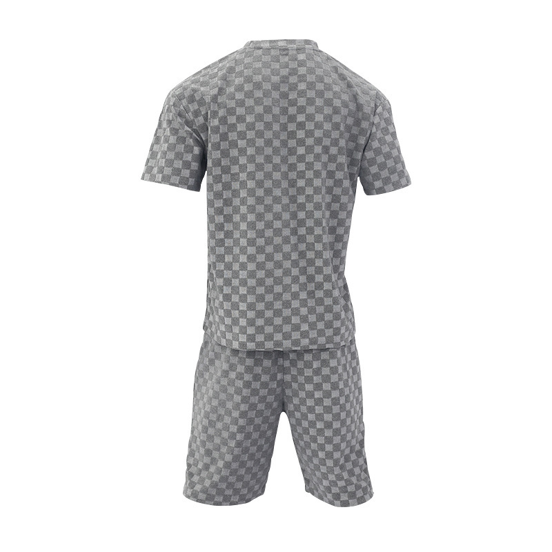 Man's clothing Men's summer jacquard check short sleeve T-shirt loose large size straight leg casual shorts set_voghion.com