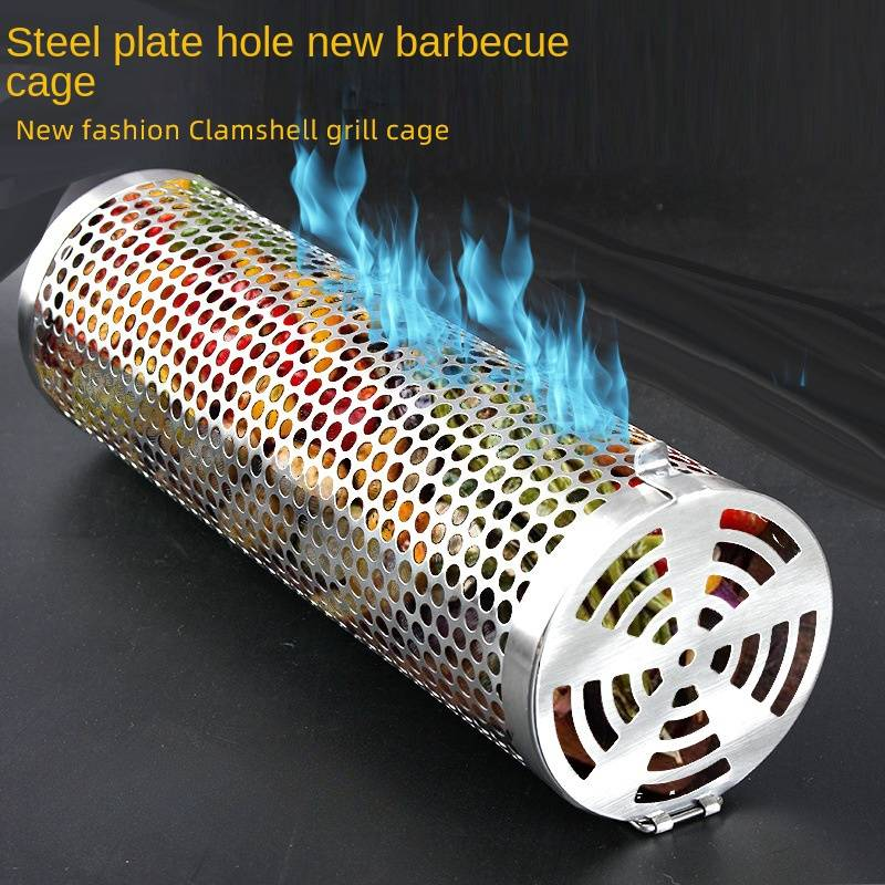Cestino per barbecue portatile - Gabbia per barbecue rotonda per affumicare all'aperto, rete per barbecue a tamburo rotante, perfetta per cucinare e grigliare all'aperto_voghion.com