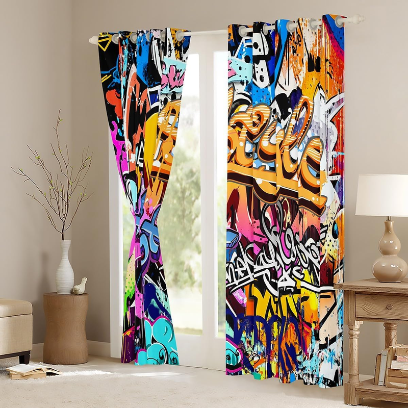 Hippie Graffiti Style Curtains For Boys Girls Teens Window Curtains Graffiti Graphic Blackout Darkening Curtain Grunge Art Decor Window Treatments _voghion.com