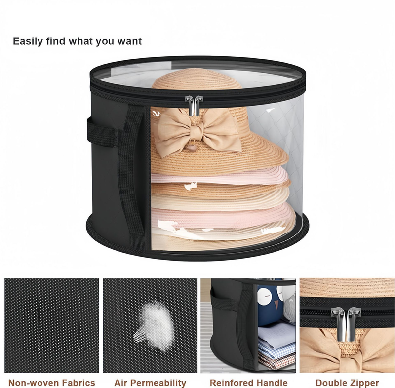 Round Transparent Hat Storage Bag – Dustproof Closet Organizer For Caps, Modern Minimalist Design (Gray/Black, Lightweight & Foldable)_voghion.com
