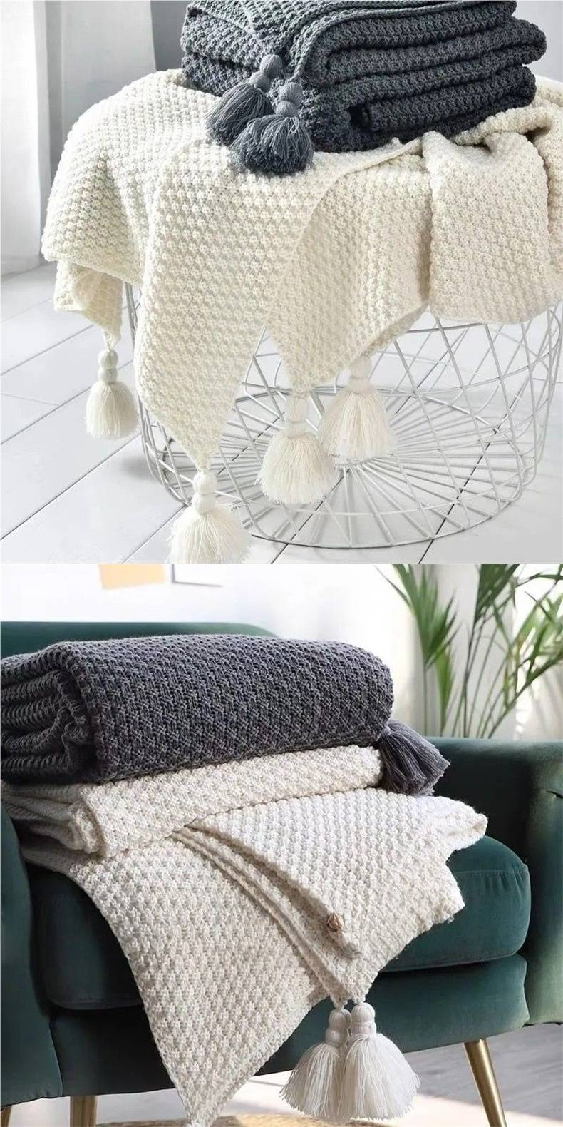 Premium Cotton Knit Throw Blanket - Soft & Breathable For Sofa, Office Nap, And Home Decor (Beige/Grey, Lightweight, OEKO-TEX Certified)_voghion.com