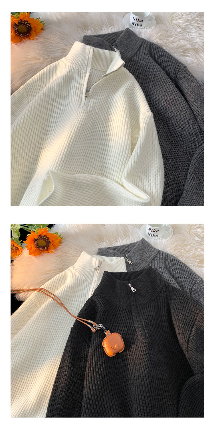 Roupas masculinas Suéter masculino com gola alta e zíper - Malha minimalista grande (essencial cleanfit)_voghion.com