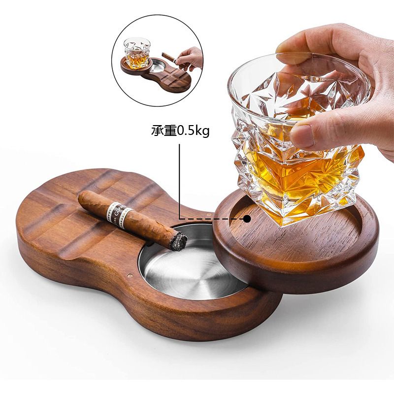 Wooden Cigar Ashtray With Rotating Lid, Whiskey Glass Holder, Windproof Covered Ashtray For Cigars & Whiskey Lovers_voghion.com
