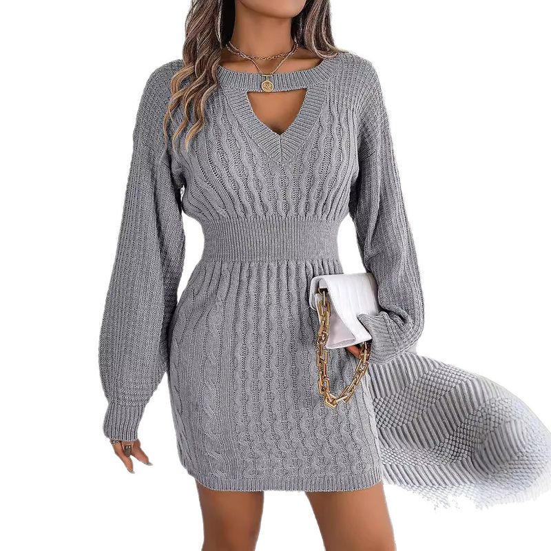 Abito in maglia grossa da donna con dettagli allacciati, maniche a pipistrello e vestibilità aderente - Stile boho autunno inverno_voghion.com